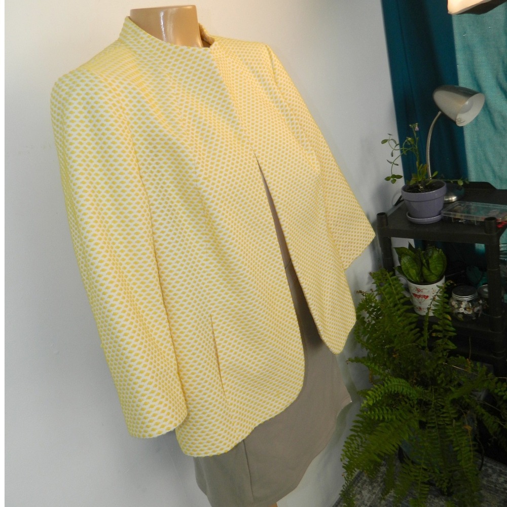 Talbots Blazer Women 12P Yellow White Textured 3/4 Sleeve Open Front Jacket